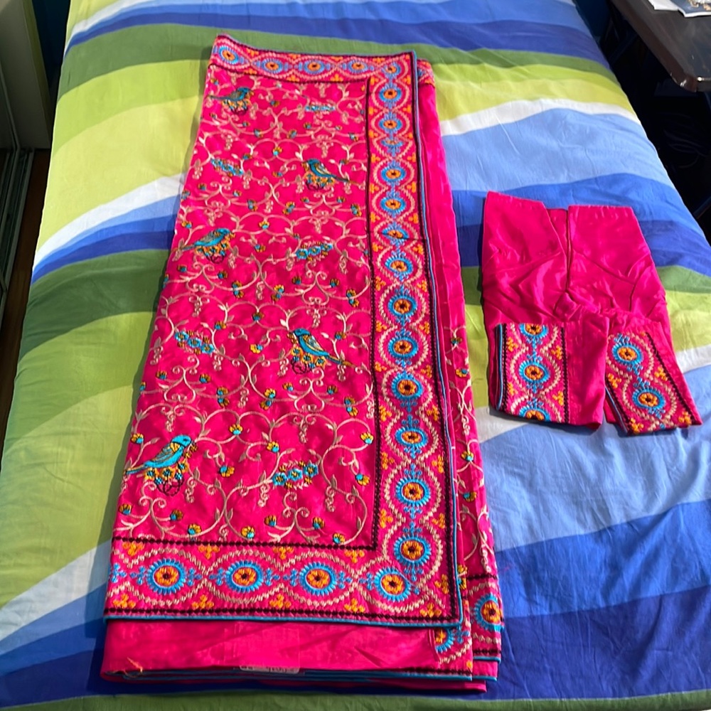 Sarees For Women soft Silk hand Katha stitch Saree, Rani Pink color with blouse